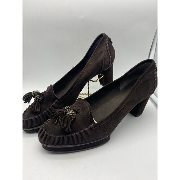 Stuart Weitzman Brown Suede 3” Heel Loafer tassels size 10 Made in Brazil - Picture 7 of 8